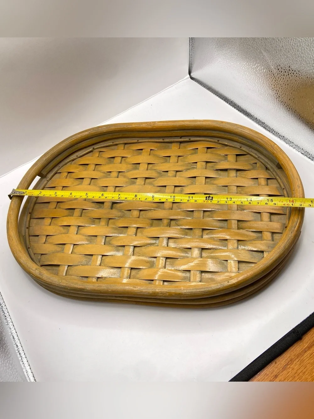 Vintage Bamboo Rattan Serving Tray Oval Woven Boho Coastal Decor 16.5”
